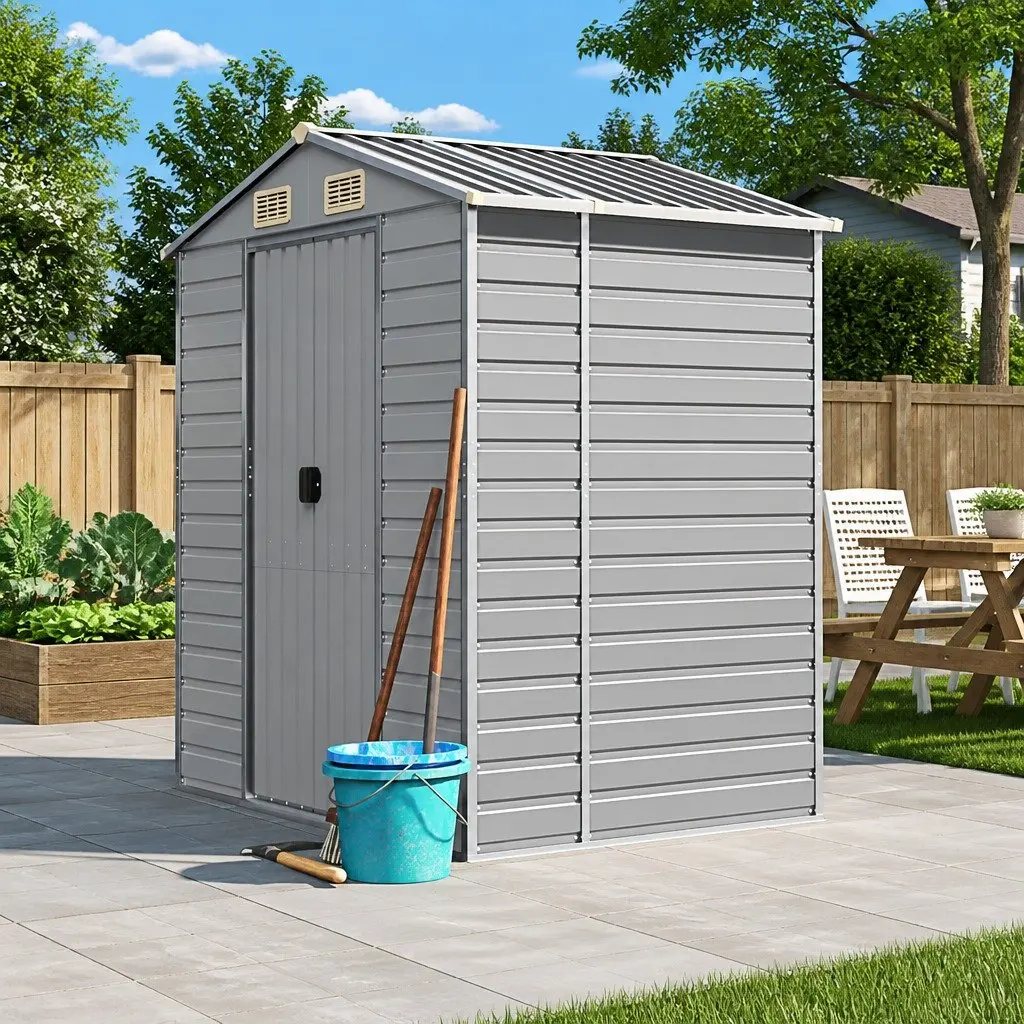 Garden Shed Galvanised Steel Outdoor Tool House Grey 191x130x198cm
