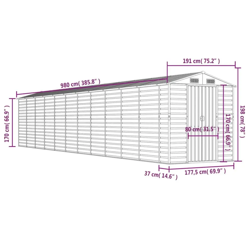 Garden Shed Light Grey Galvanised Steel Outdoor Storage Tool House 191x980x198cm