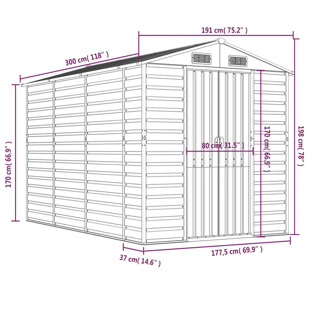 Garden Shed Galvanised Steel Anthracite 191x300x198 cm Outdoor Storage