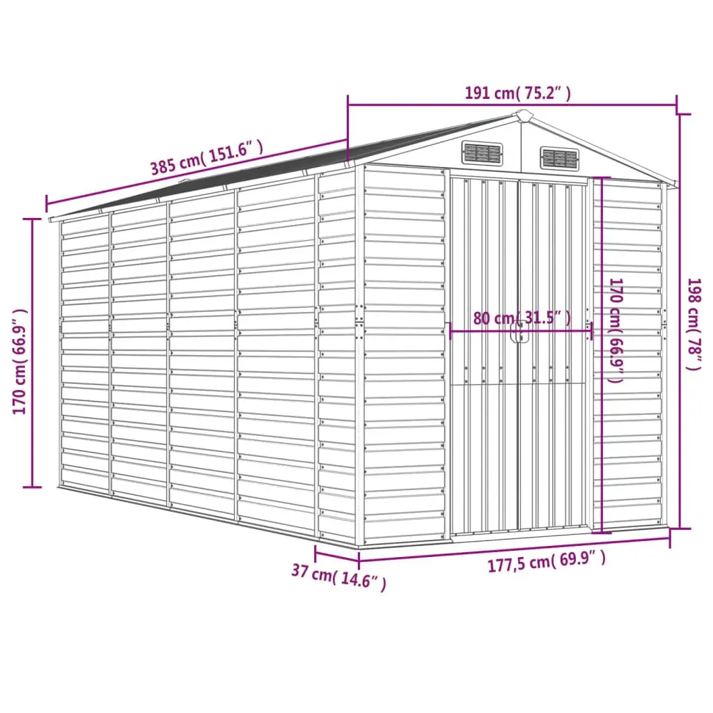 Garden Shed Galvanised Steel Anthracite 191x385x198 cm Outdoor Storage Tool