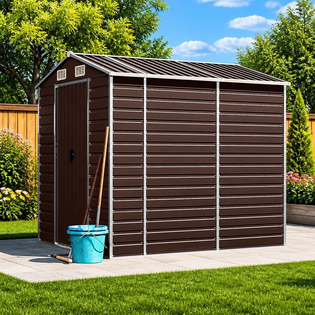 Garden Shed Brown Metal Outdoor Storage Tool House with Sloping Roof 191 x 215 x 198 cm