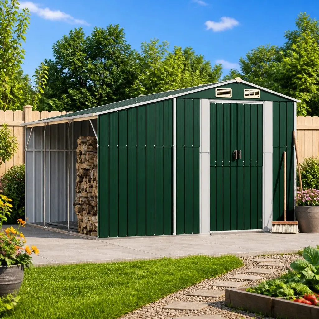 Garden Shed Green Galvanised Steel 277x279x179 cm Outdoor Storage Tool House