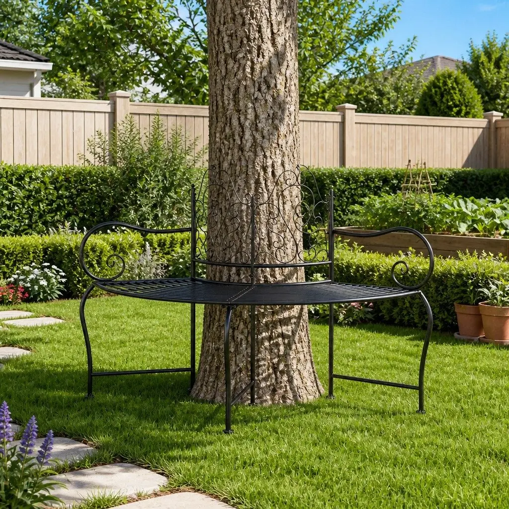 Outdoor Tree Bench 150cm Wrap Around Garden Seating Black Steel Patio Furniture