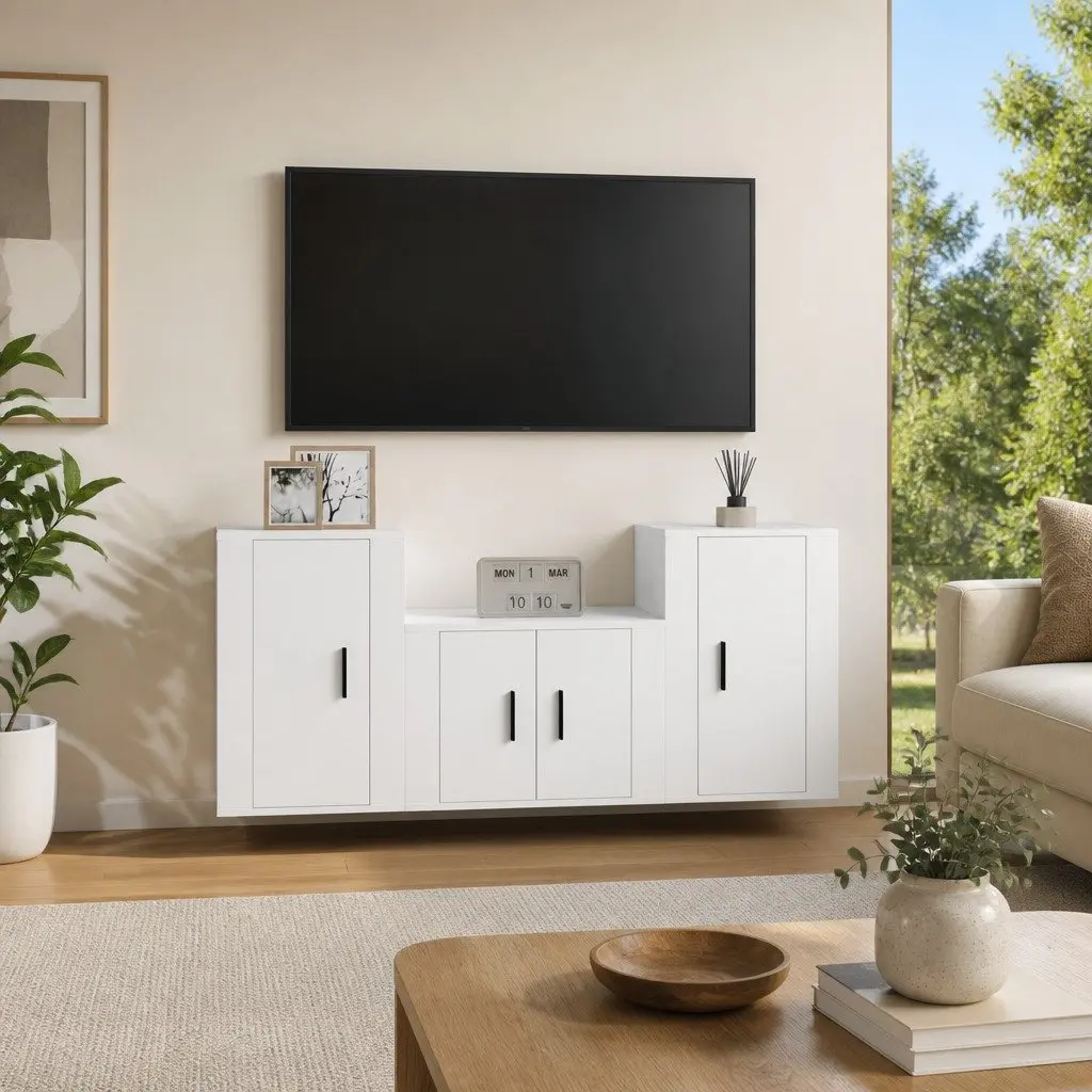 3 Piece Wall-Mounted TV Cabinet Set White Engineered Wood