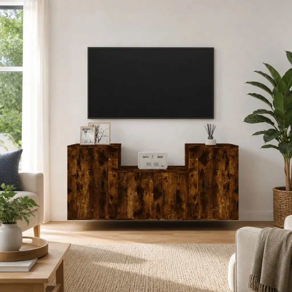 3 Piece Media Storage Unit Wall-Mounted TV Cabinet Set Engineered Wood Brown
