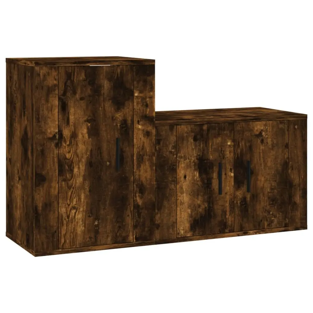 TV Cabinet Wall-Mounted Storage Unit Set Brown Engineered Wood 2 Piece