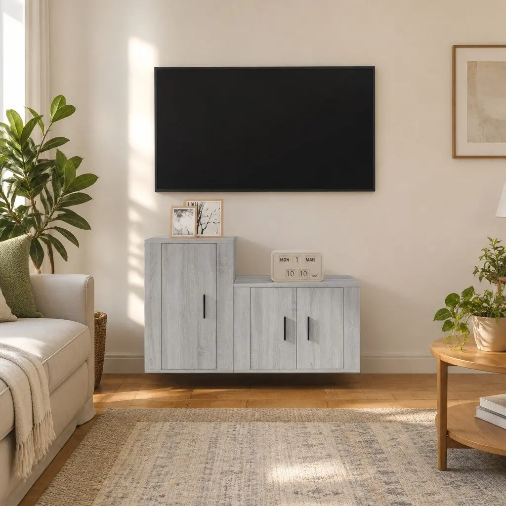 TV Cabinet Set Wall-Mounted Media Storage Grey Engineered Wood 2 Piece