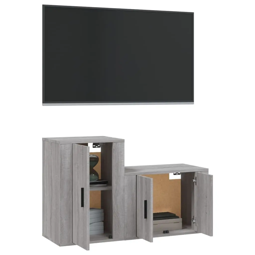 TV Cabinet Set Wall-Mounted Media Storage Grey Engineered Wood 2 Piece