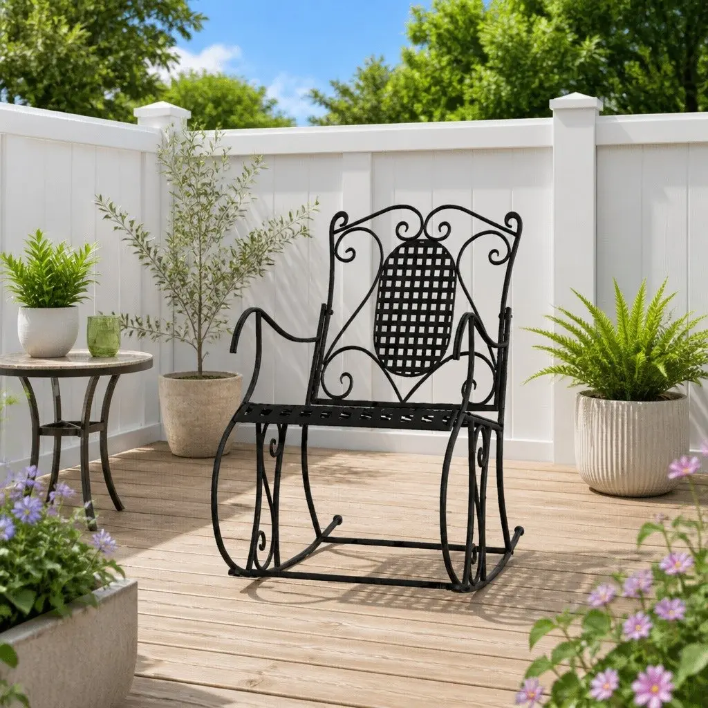 Rocking Bench 84cm Black Metal Outdoor Garden Seating High Back Support Chair