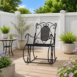 Rocking Bench 84cm Black Metal Outdoor Garden Seating High Back Support Chair