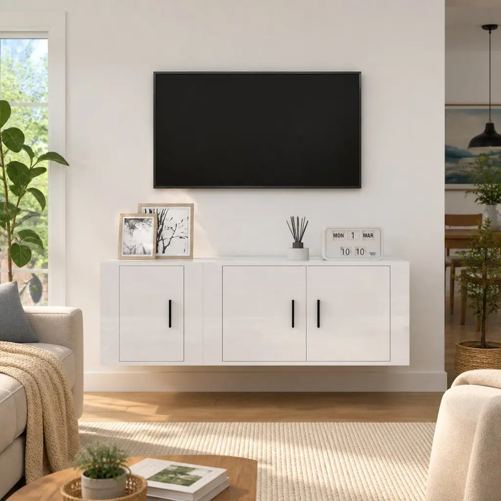 Wall-Mounted TV Cabinet Set High Gloss White 2 Piece
