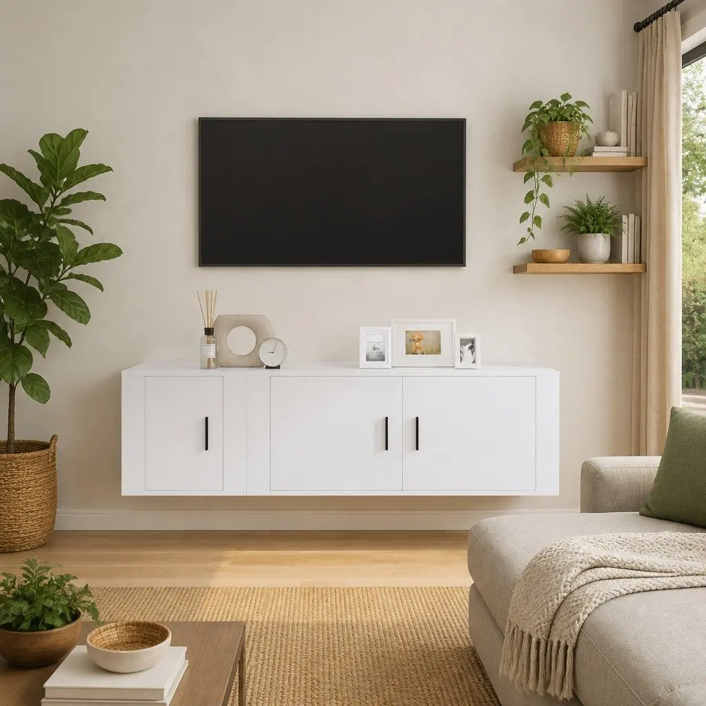 Wall-Mounted TV Cabinet Set 2 Piece White Engineered Wood Media Storage