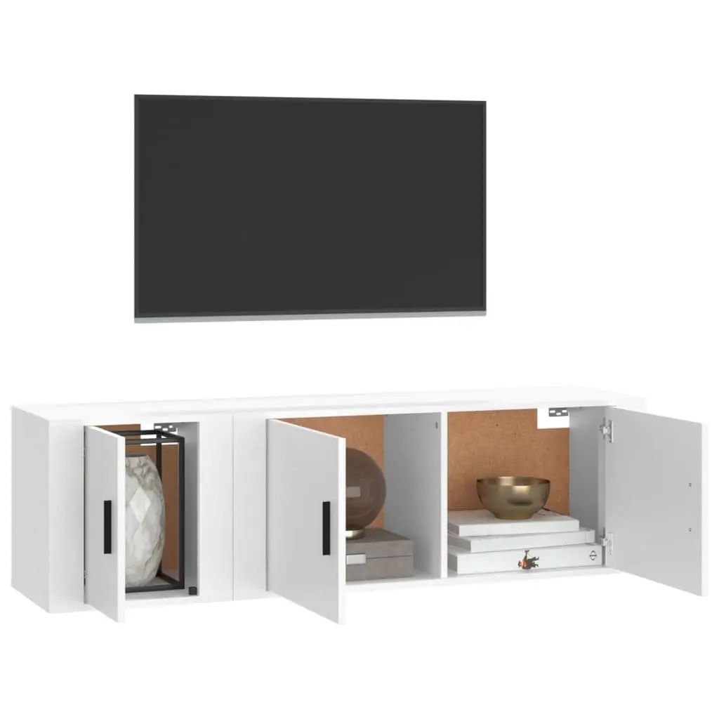 Wall-Mounted TV Cabinet Set 2 Piece White Engineered Wood Media Storage