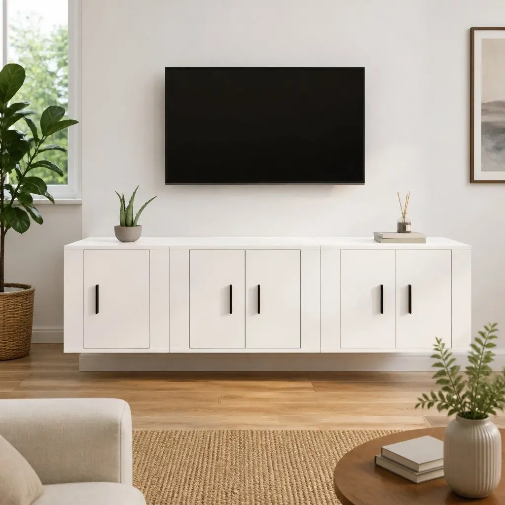 3 Piece Wall-Mounted White TV Cabinet Set Engineered Wood
