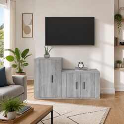 TV Cabinet Set 2 Piece Wall Mounted Grey Storage Unit Engineered Wood Furniture