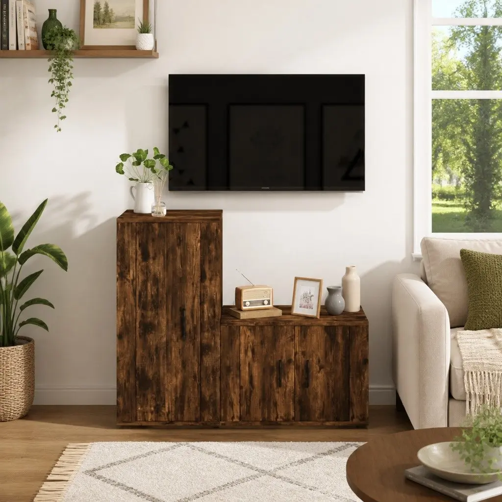 TV Cabinet Set Wall-Mounted Storage Unit Engineered Wood Brown 2 Piece