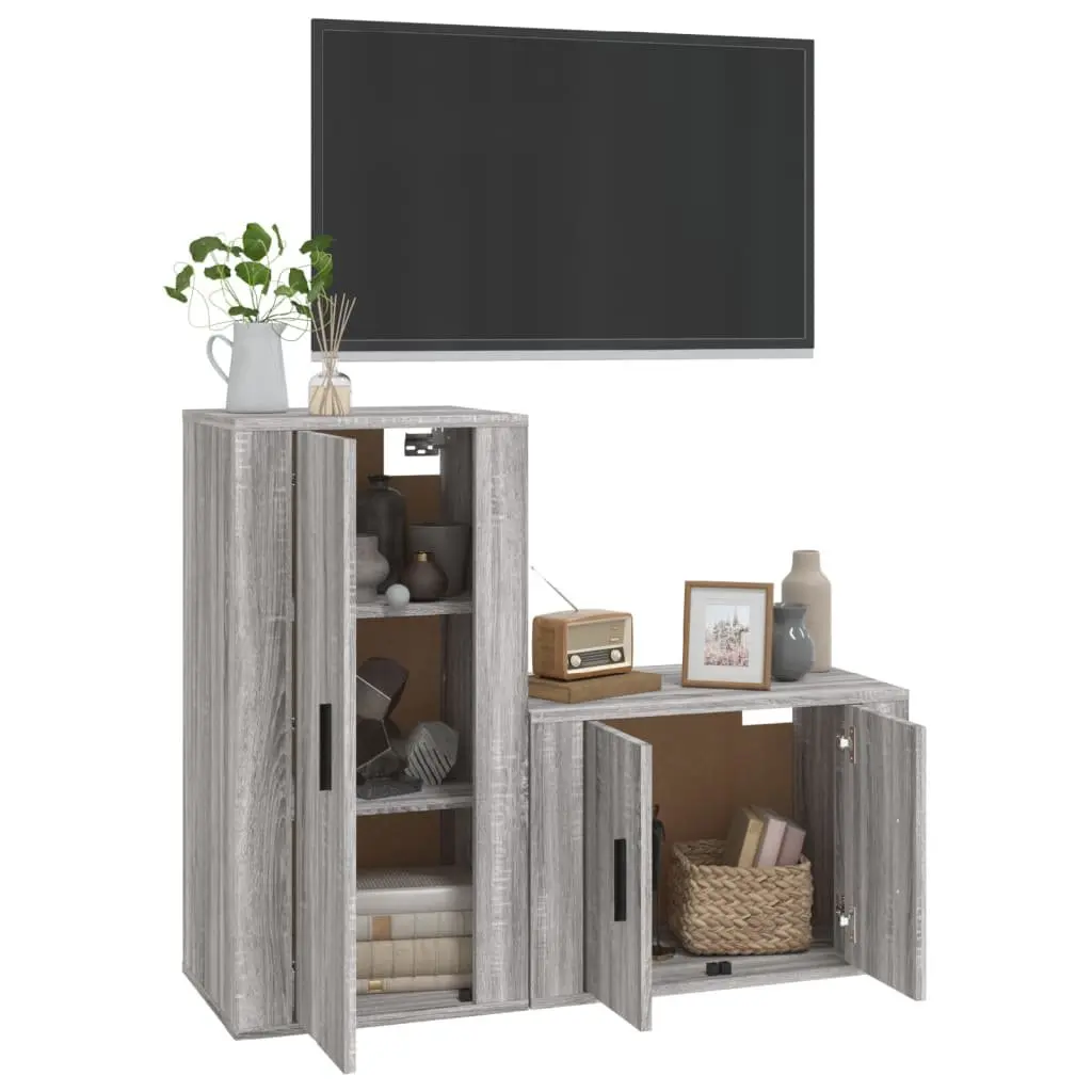 TV Cabinet Set 2 Piece Wall-Mounted Grey Storage Unit Engineered Wood