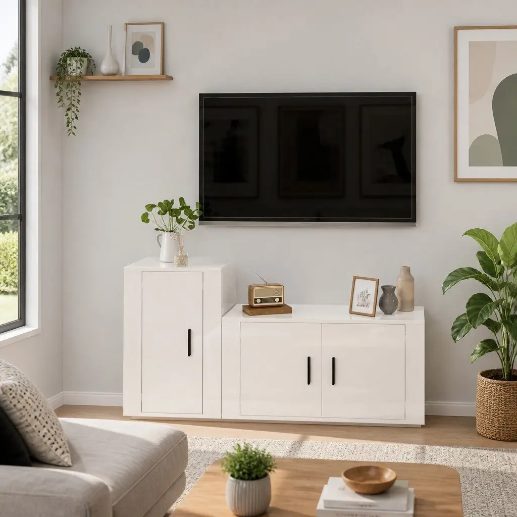 TV Cabinet Set Wall Mounted High Gloss White Engineered Wood 2 Piece