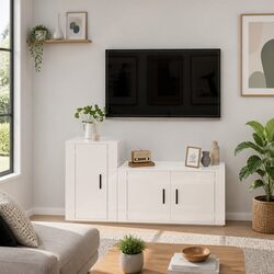 TV Cabinet Set 2 Piece Wall Mounted High Gloss White Engineered Wood Storage