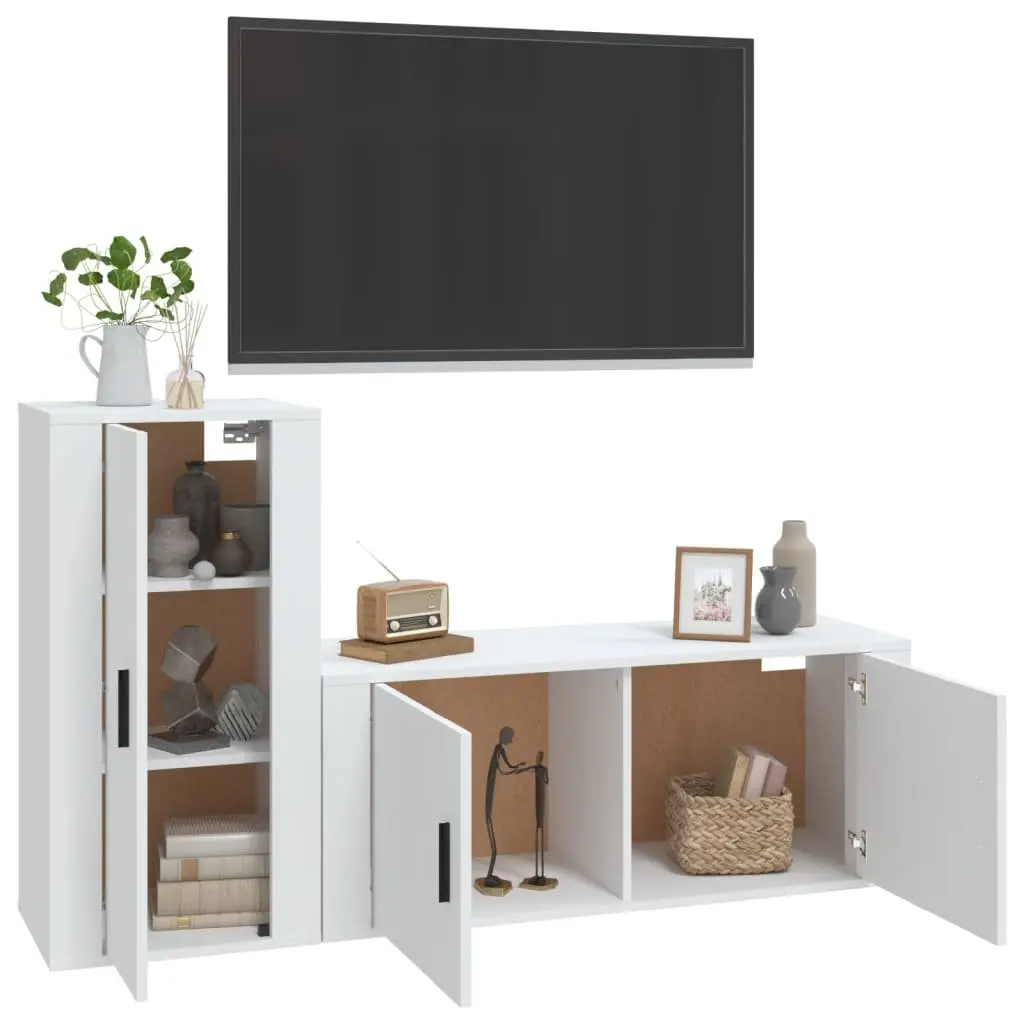 TV Cabinet Set White Wall Mounted Storage Unit Engineered Wood