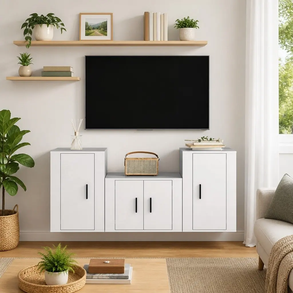 3 Piece Wall Mounted TV Cabinet Set White Engineered Wood