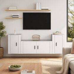 3 Piece TV Cabinet Set White Wall Mounted Storage Engineered Wood Unit
