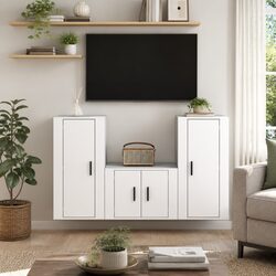 3 Piece TV Cabinet Set White Wall Mounted Storage Engineered Wood Furniture Unit