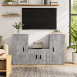 TV Cabinet Set 3 Piece Wall Mounted Grey Engineered Wood Storage Unit