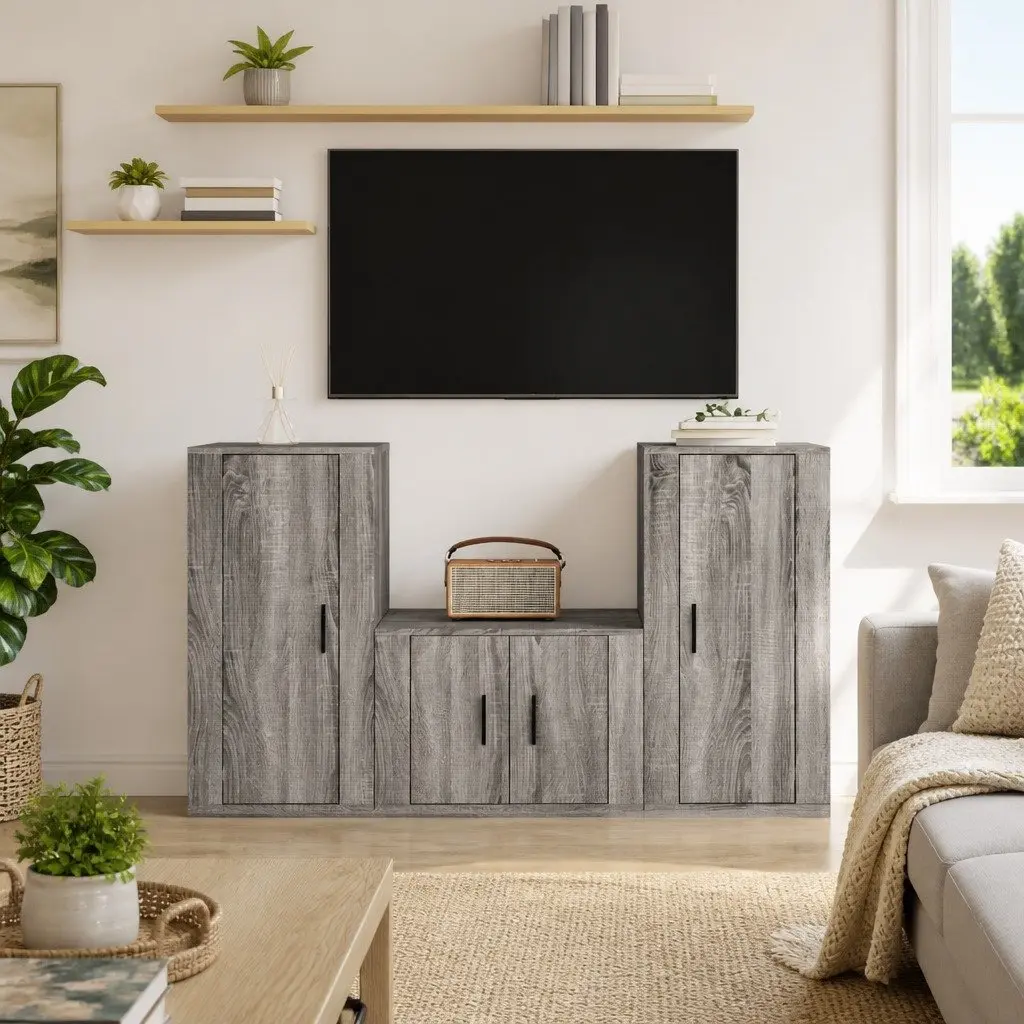 3 Piece TV Cabinet Set Wall-Mounted Storage Unit Grey Engineered Wood Furniture