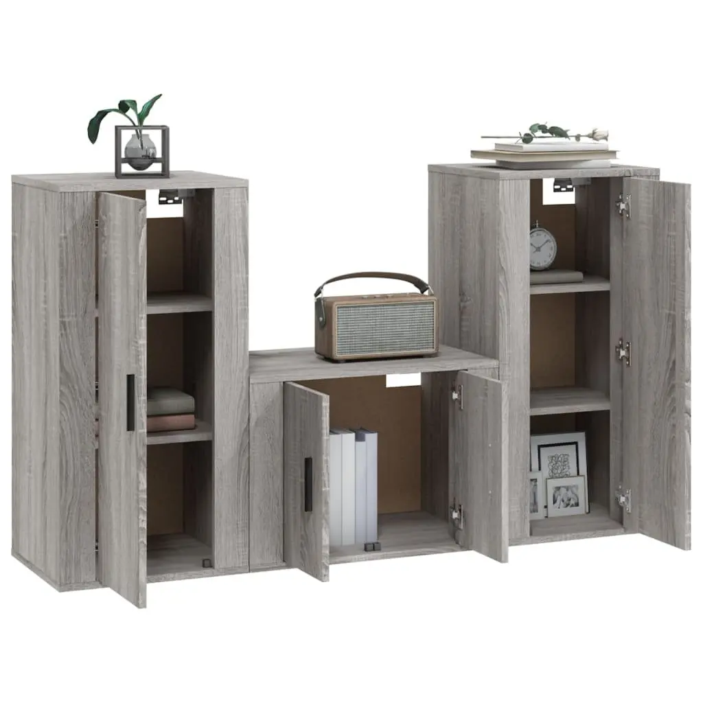 3 Piece TV Cabinet Set Wall-Mounted Storage Unit Grey Engineered Wood Furniture