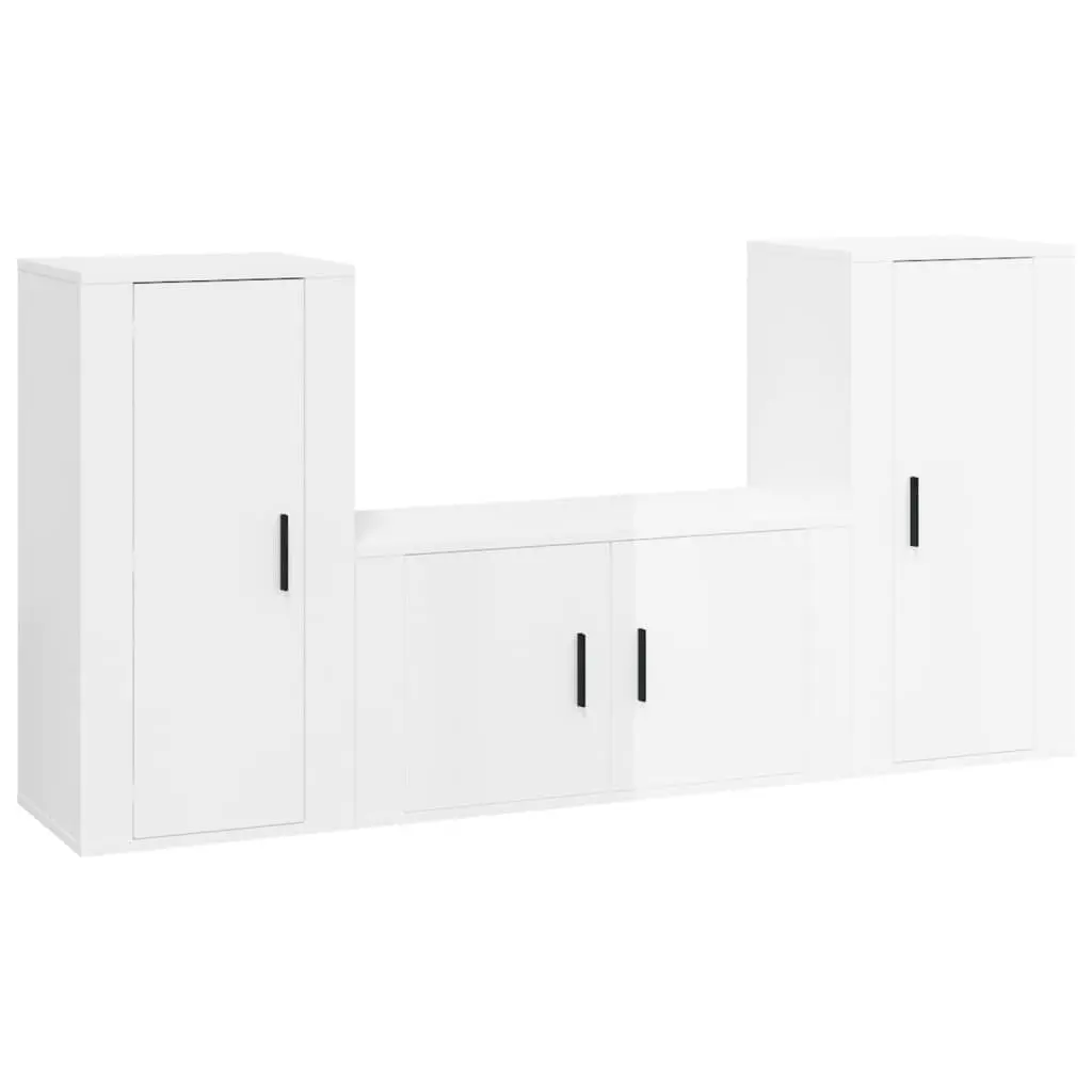 3 Piece TV Cabinet Set Wall-Mounted White Engineered Wood Storage Unit