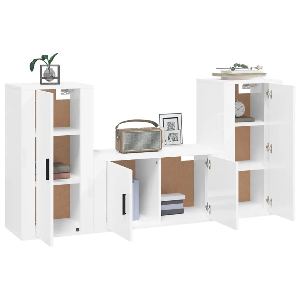 3 Piece TV Cabinet Set Wall-Mounted White Engineered Wood Storage Unit