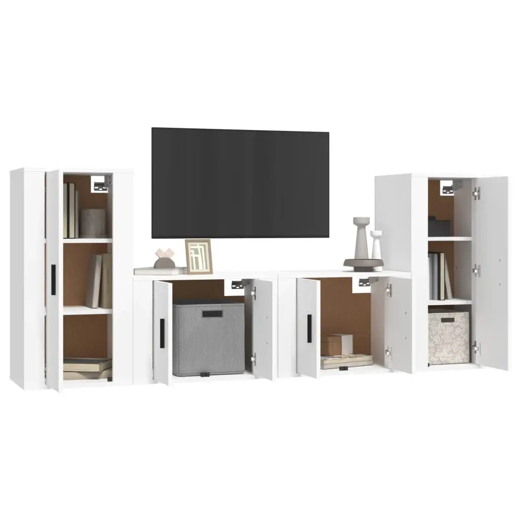 TV Cabinet Set Wall-Mounted White Engineered Wood 4 Piece