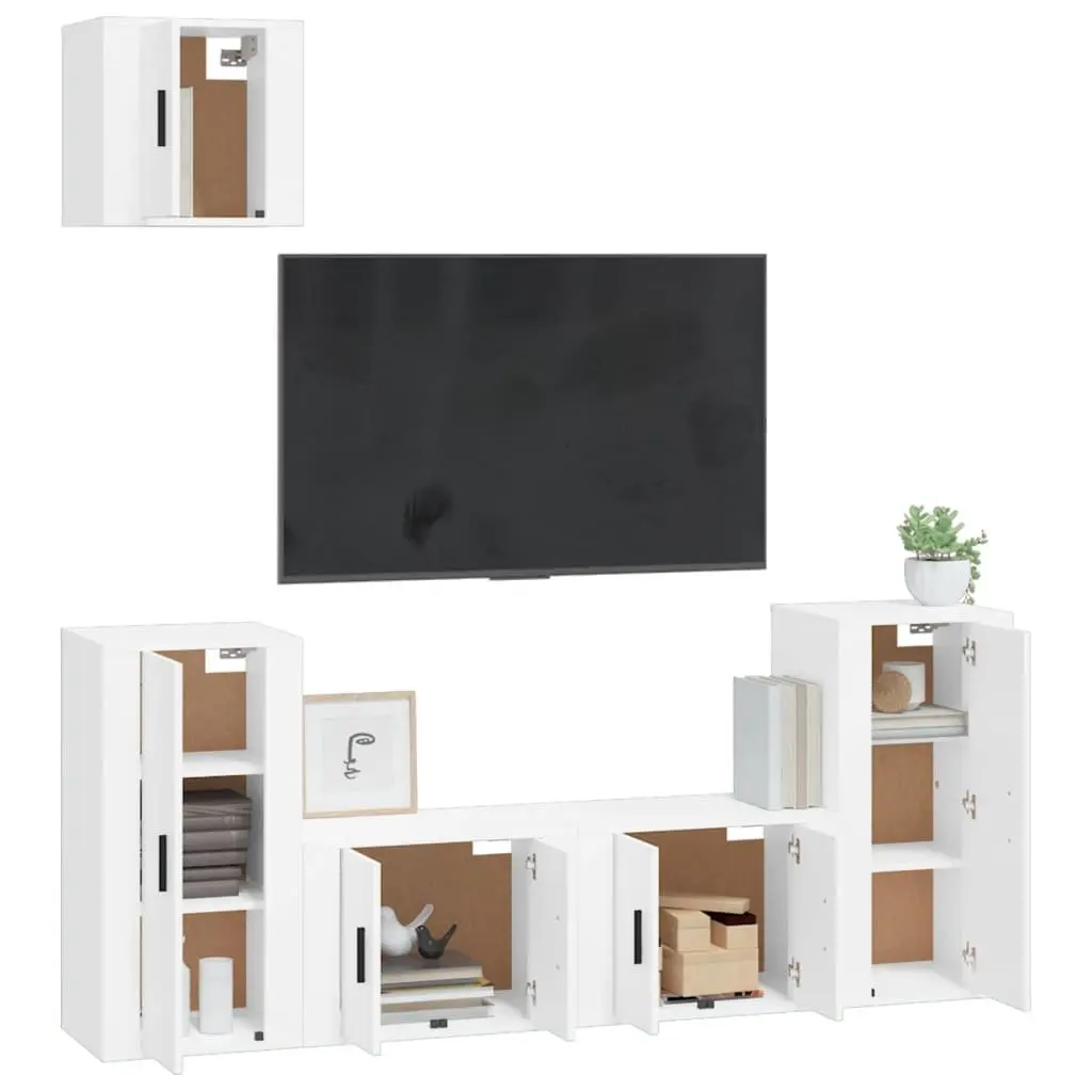 TV Cabinet Set 5 Piece White Wall-Mounted Storage Unit Engineered Wood
