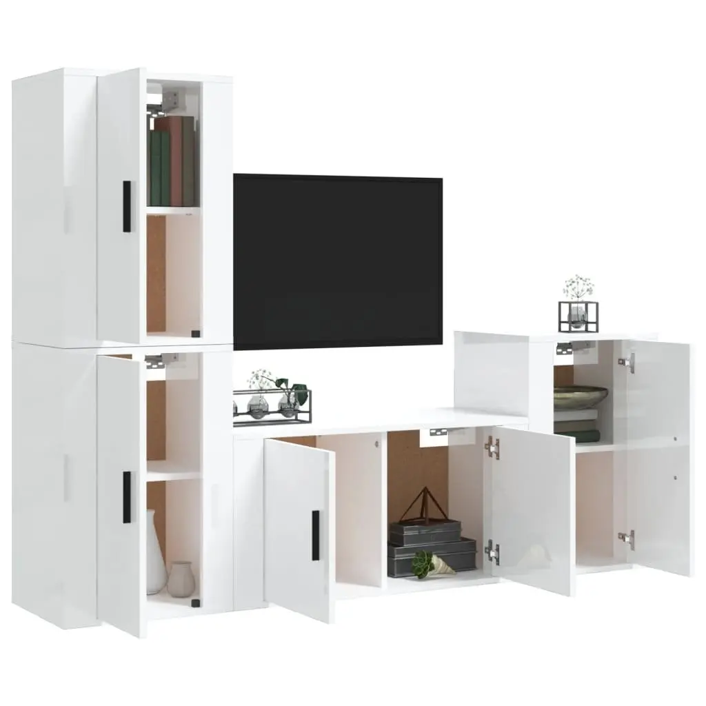 4 Piece Wall Mounted High Gloss White TV Cabinet Set Storage Unit