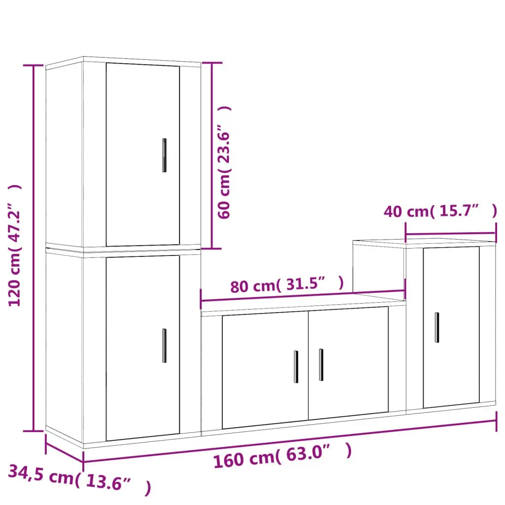 4 Piece Wall Mounted High Gloss White TV Cabinet Set Storage Unit