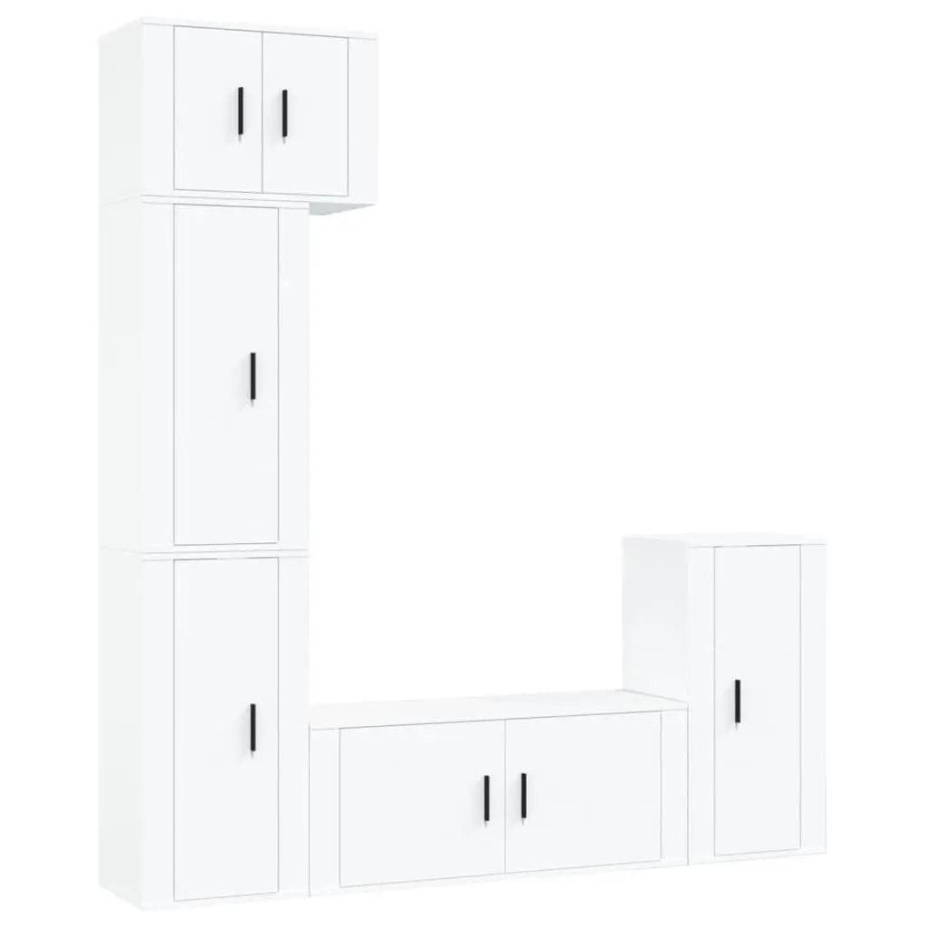 TV Cabinet Set 5 Piece White Wall-Mounted Storage Engineered Wood Furniture Unit