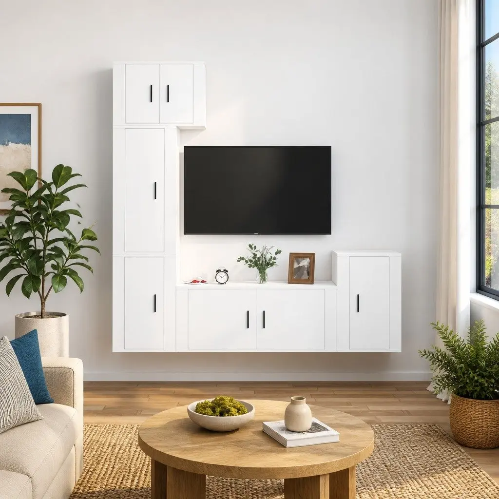 TV Cabinet Set 5 Piece White Wall-Mounted Storage Unit Engineered Wood Furniture