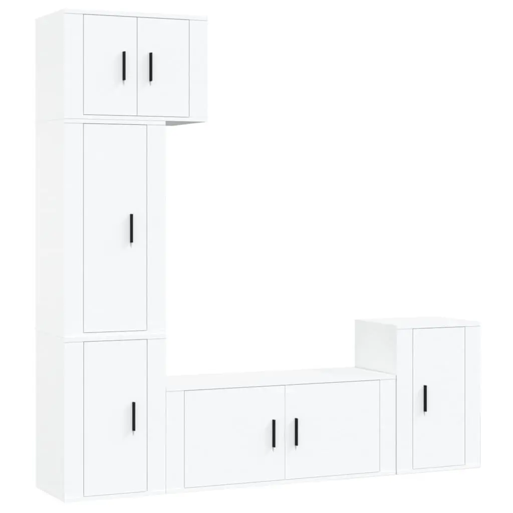 TV Cabinet Set 5 Piece White Wall-Mounted Storage Unit Engineered Wood Furniture