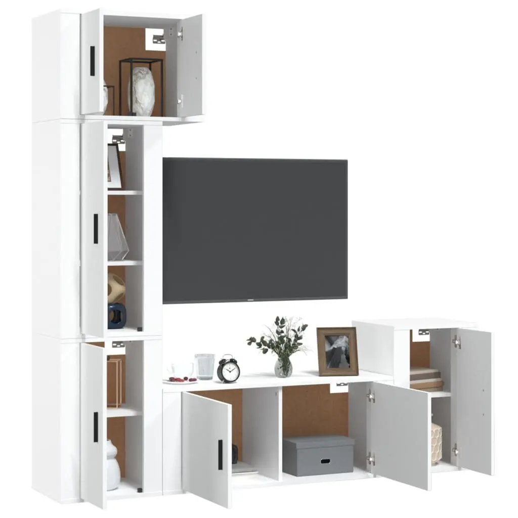 TV Cabinet Set 5 Piece White Wall-Mounted Storage Unit Engineered Wood Furniture