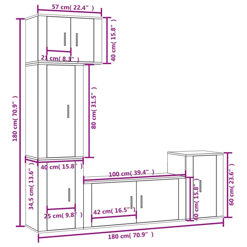 TV Cabinet Set 5 Piece White Wall-Mounted Storage Unit Engineered Wood Furniture