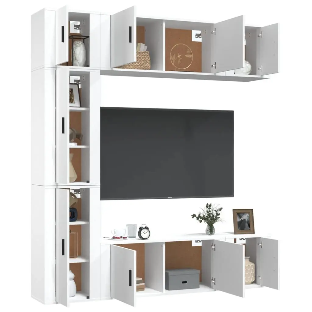 TV Cabinet Set White Wall-Mounted Storage 7 Piece Engineered Wood Unit