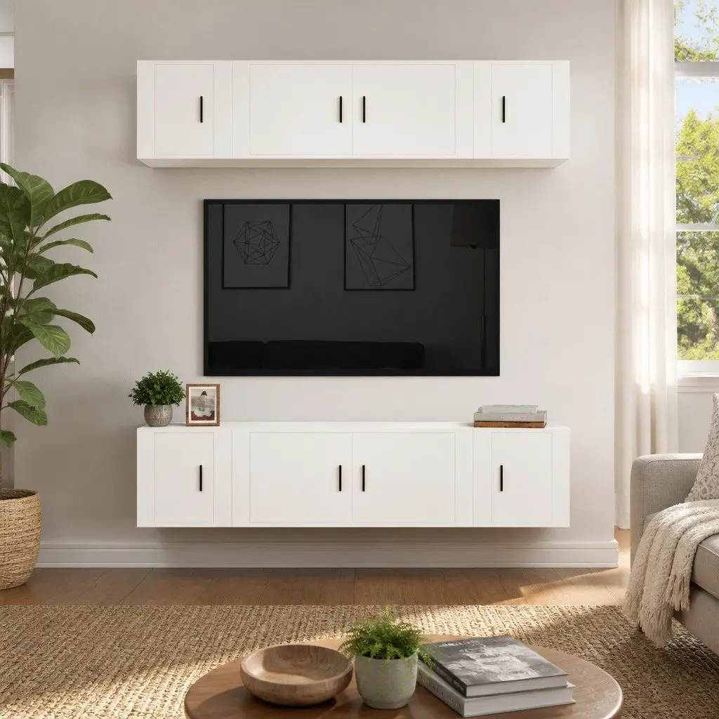 TV Cabinet Set Wall Mounted 6 Piece White Engineered Wood Storage Unit