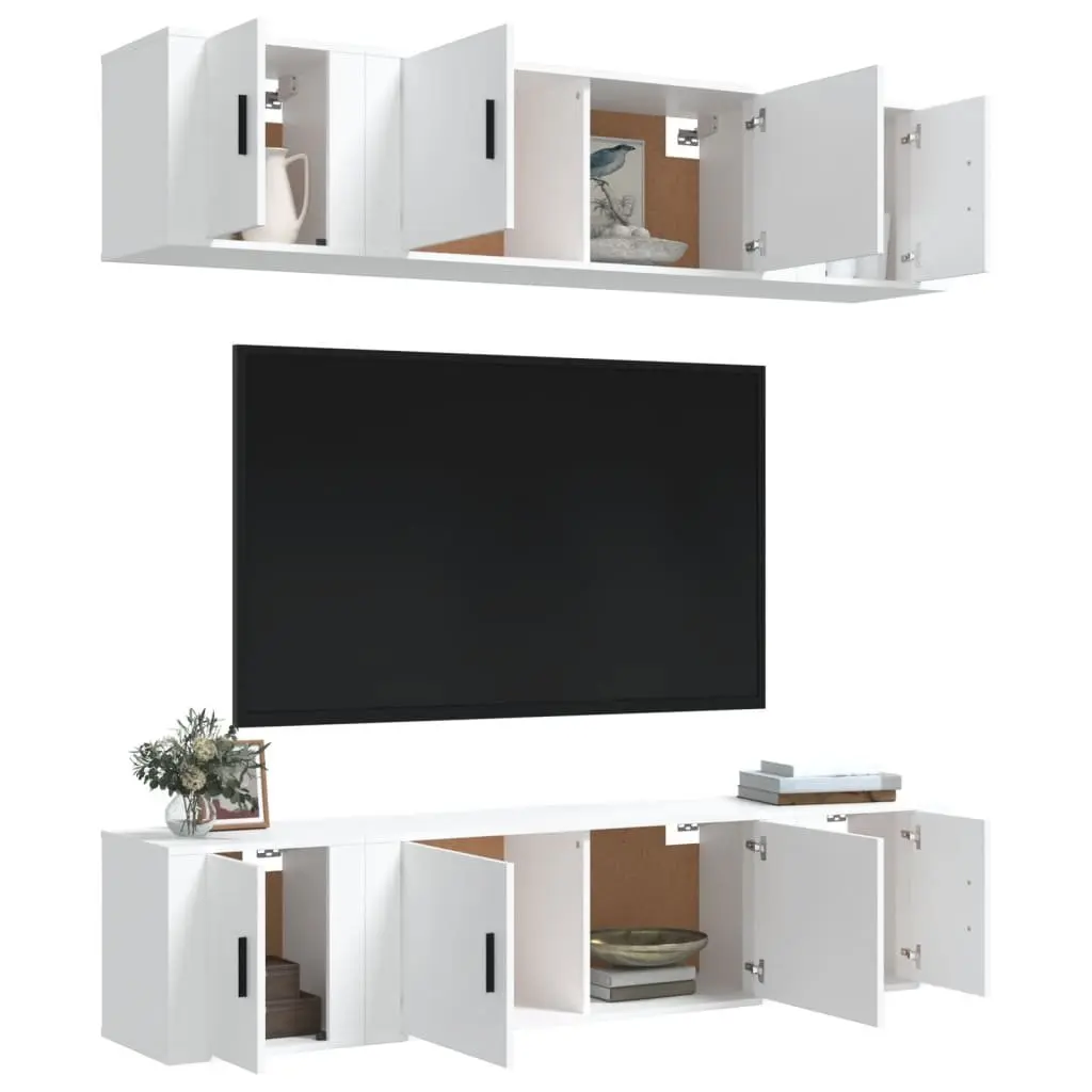 TV Cabinet Set Wall Mounted 6 Piece White Engineered Wood Storage Unit