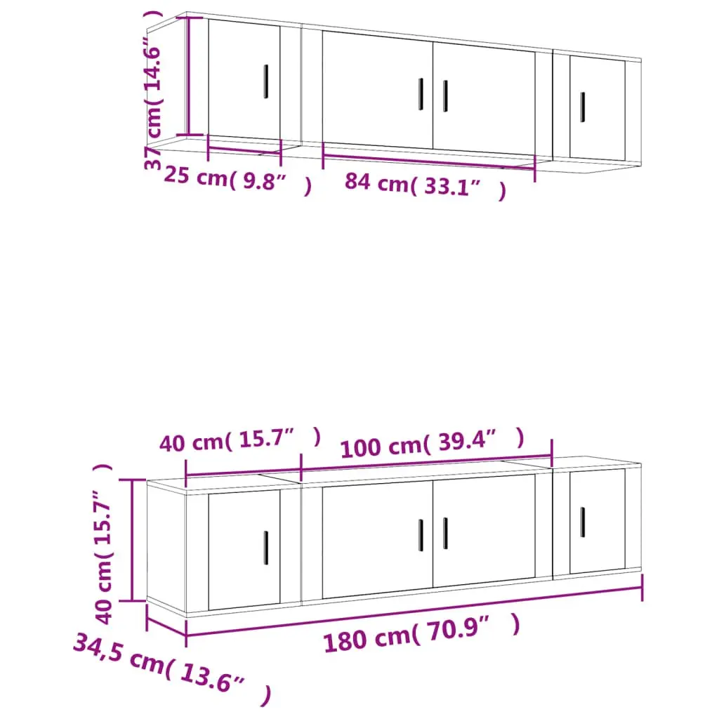 TV Cabinet Set Wall Mounted 6 Piece White Engineered Wood Storage Unit