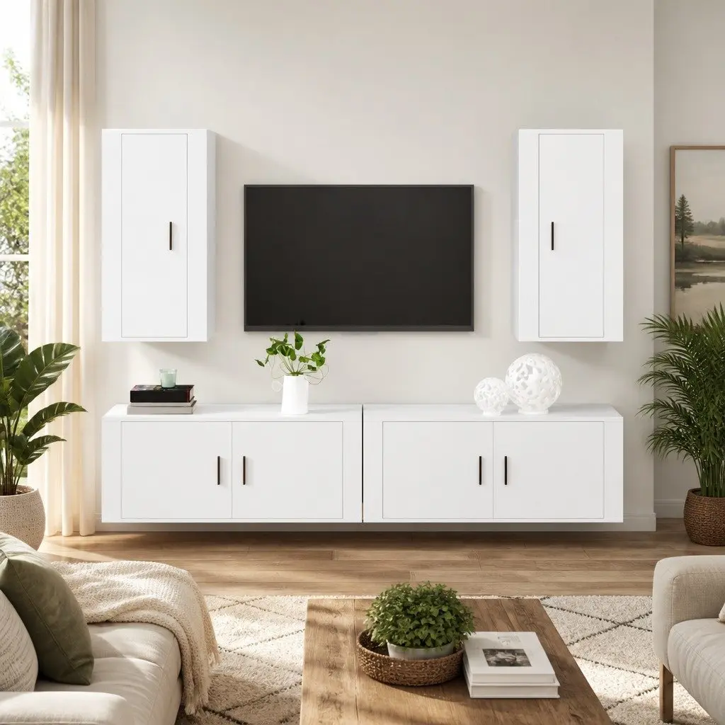4 Piece Wall Mounted TV Cabinet Set White Engineered Wood Storage Unit