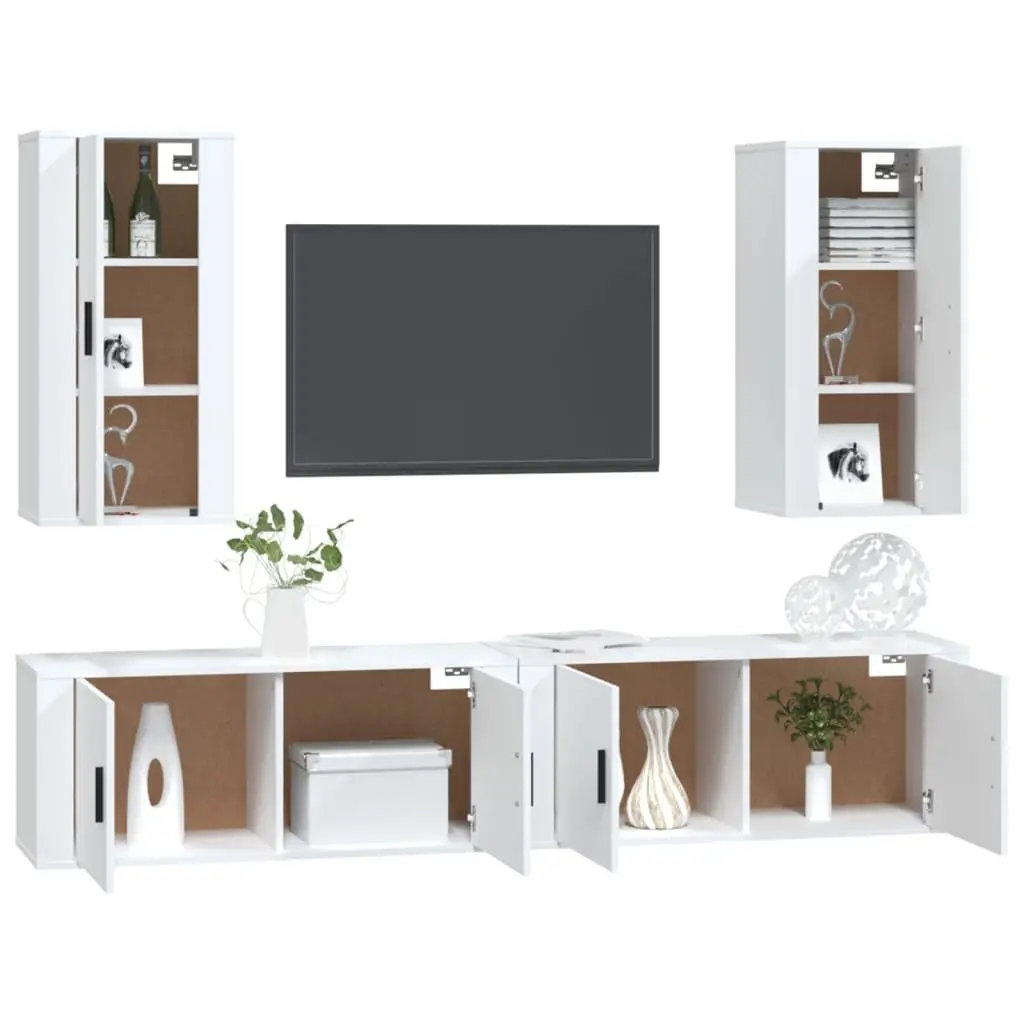 4 Piece Wall Mounted TV Cabinet Set White Engineered Wood Storage Unit