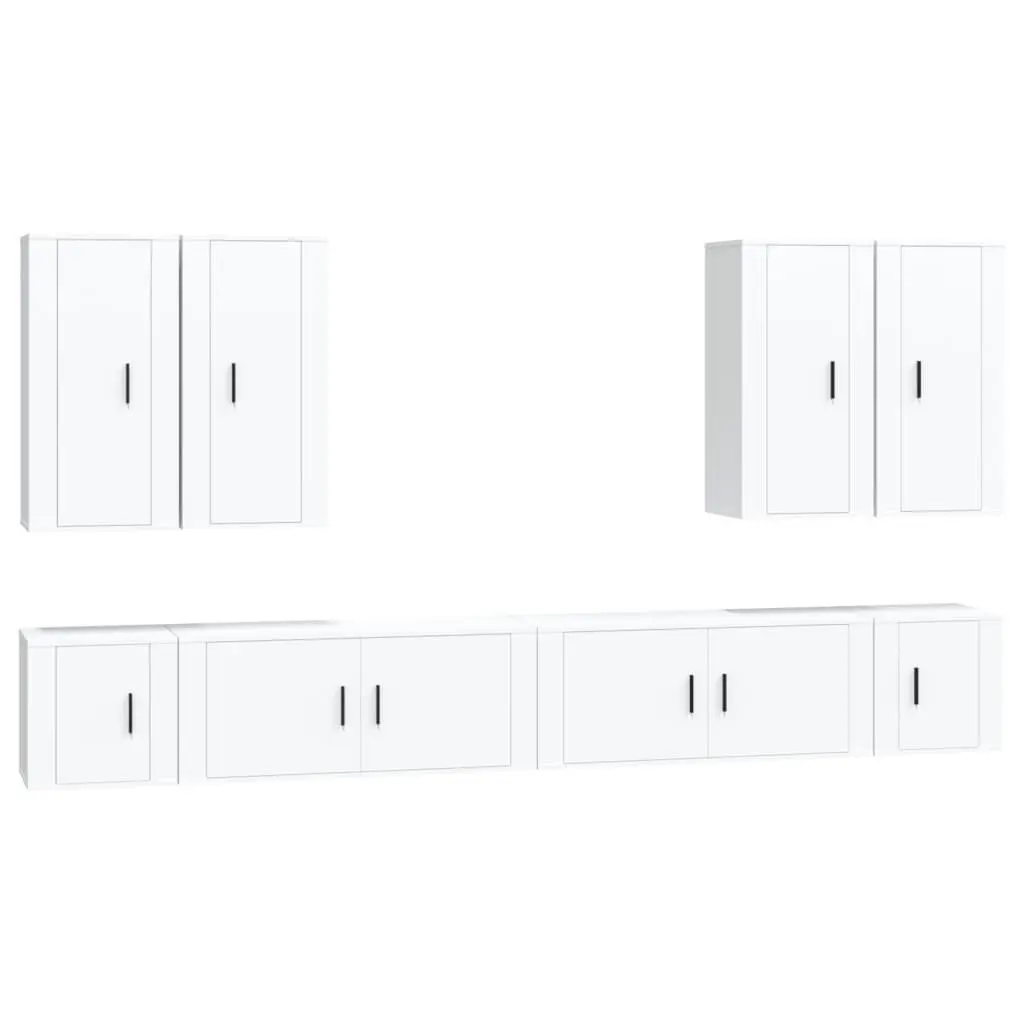 TV Cabinet Set Wall Mounted 8 Piece White Engineered Wood