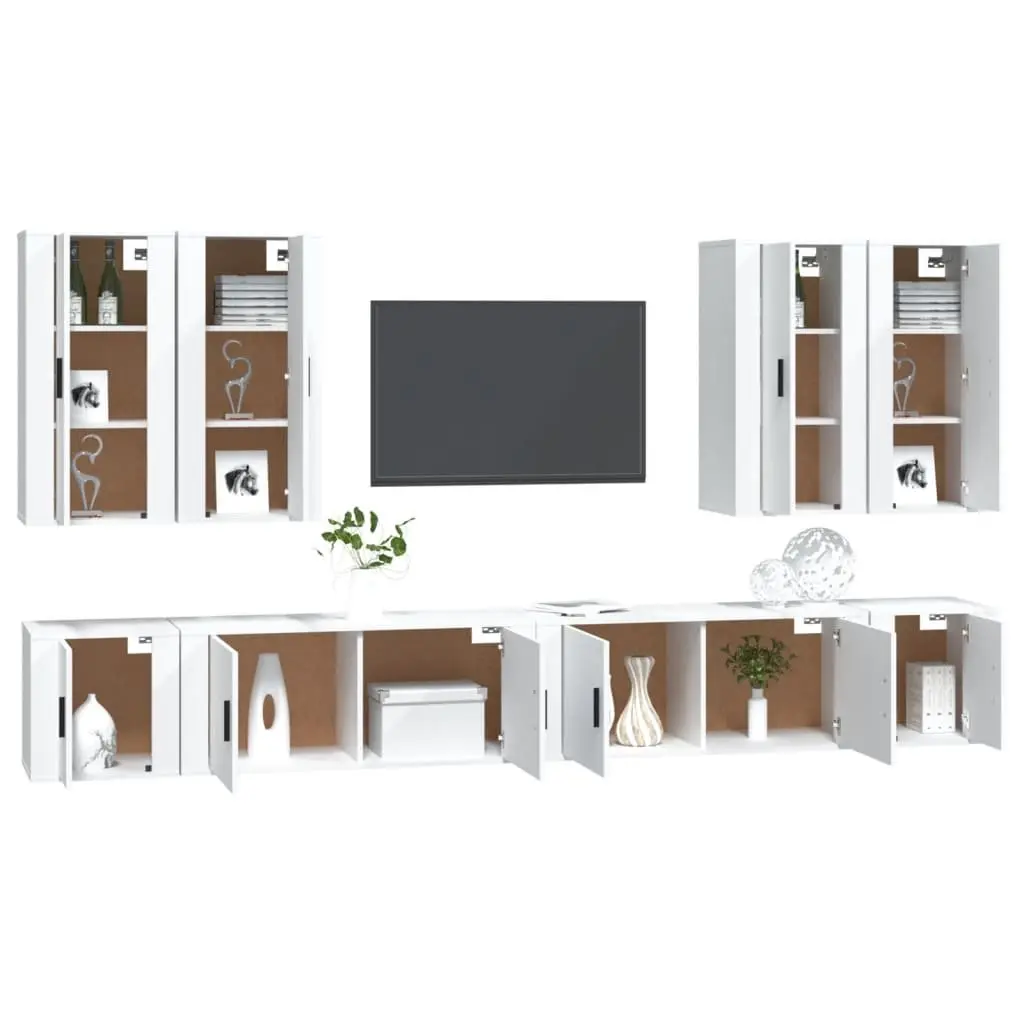 TV Cabinet Set Wall Mounted 8 Piece White Engineered Wood
