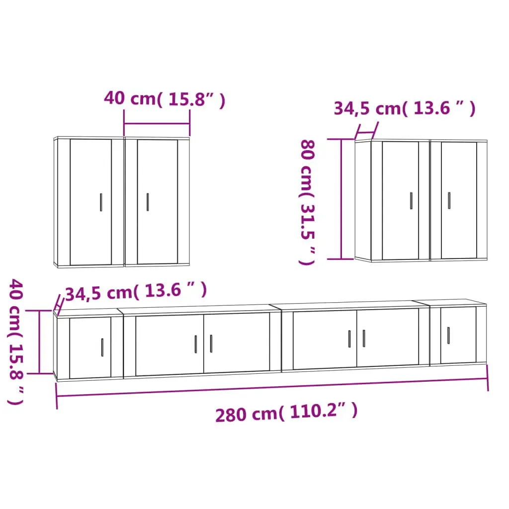 TV Cabinet Set Wall Mounted 8 Piece White Engineered Wood
